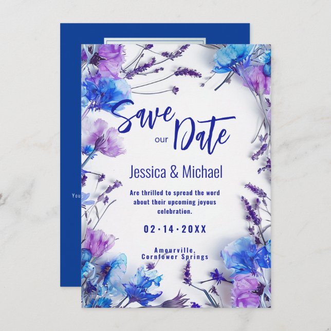With Photo Cornflowers and Lavender Elegance Save The Date (Front/Back)