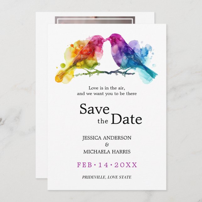 With Photo LGBTQ+  Rainbow Lovebirds Save The Date (Front/Back)