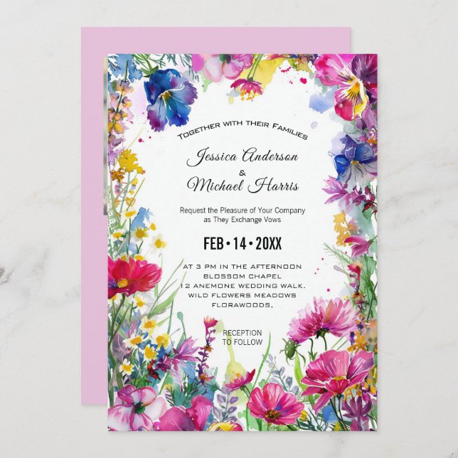 With photo, pink Meadow Blooms Invitation (Front/Back)