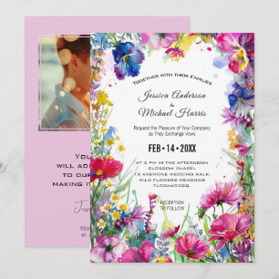 With photo, pink Meadow Blooms Invitation