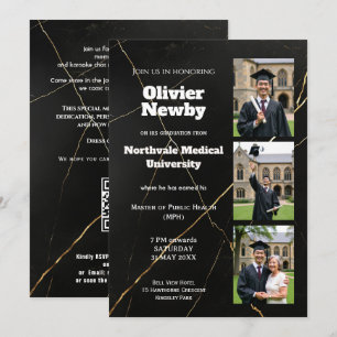 🎓With QR Black Luxury Marble Graduation Party Invitation