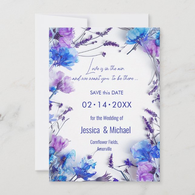 💍 With QR code Cornflowers and Lavender Elegance Save The Date (Front)