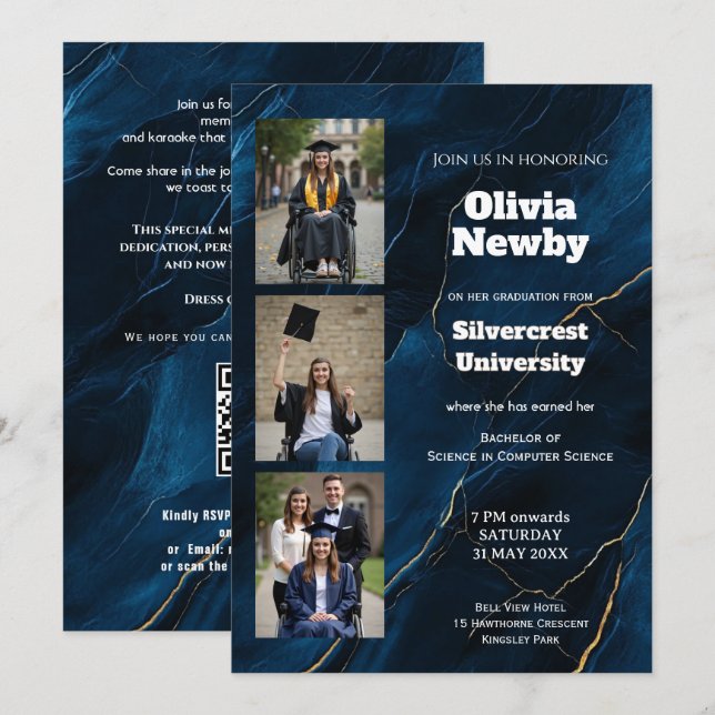 🎓With QR Code Navy Luxury Marble Graduation Party Invitation (Front/Back)