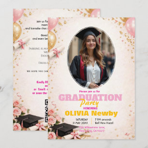 🎓With QR code Pink &  Balloon Glow Graduation Invitation