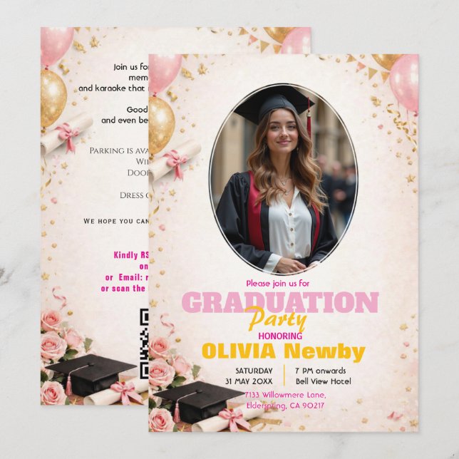 🎓With QR code Pink &  Balloon Glow Graduation Invitation (Front/Back)