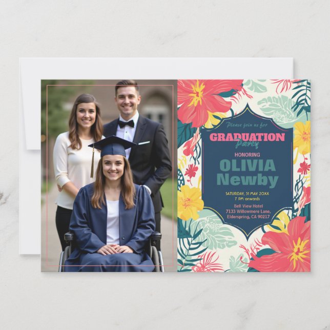🎓With QR code Tropical Bloom Photo  Invitation (Front)