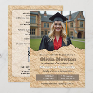 🎓With QR code Vintage Photo Grad Party Invite
