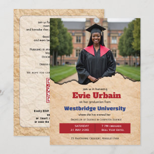 🎓With QR code Vintage Photo Grad Party Invite
