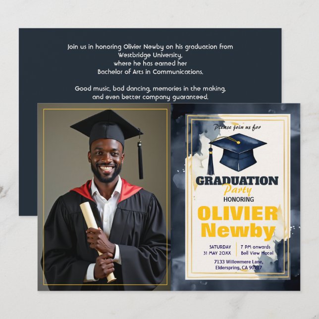 🎓With QR code Watercolor Split‑Layout Graduation  Invitation (Front/Back)