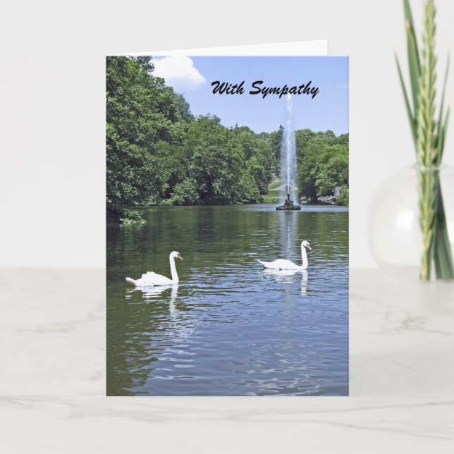 With Sympathy, White Swans and Fountain Greeting Card (Front)