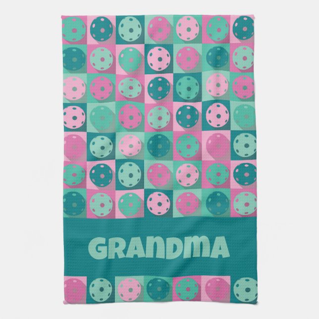 With text Awesome pickleball pink💗 and minty 💚 Tea Towel (Vertical)