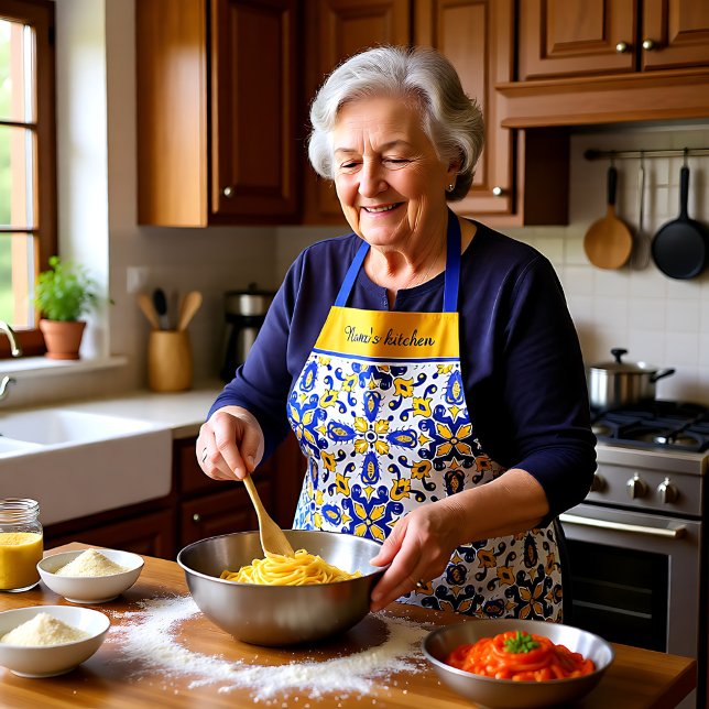 With text💙💛 Beautiful blue and yellow Azulejos Apron (With text💙💛 Beautiful blue and yellow Azulejos Apron)