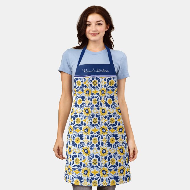 With text 💛💙 Blue and yellow, floral Azulejos  Apron (Worn)