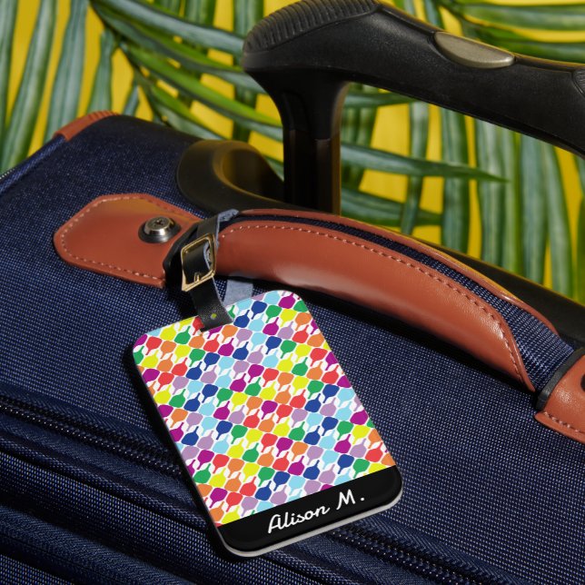 With text Colourful pickleball paddles 💚❤️💛💙 Luggage Tag (Front Insitu 1)