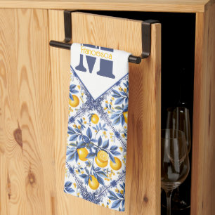 With text & initial 🍋 Lemon Azulejo with blue Tea Towel