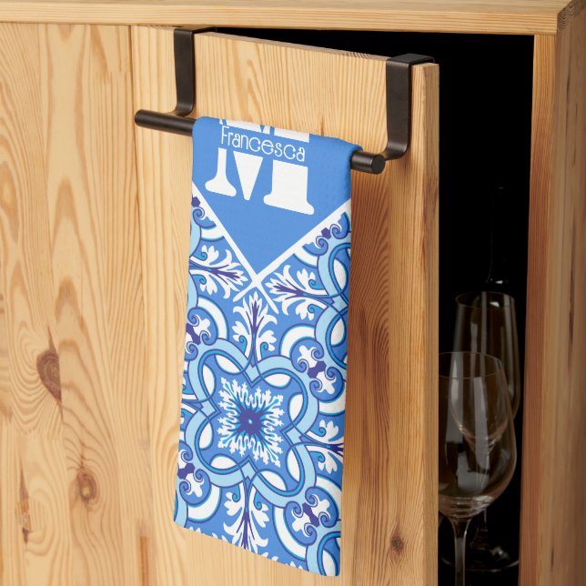 With text & initial🤍 💙White and blue  Azulejos  Tea Towel (Thirds Fold)