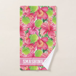 With text 🌺🌴Tropical tennis with hibiscus, Hand Towel