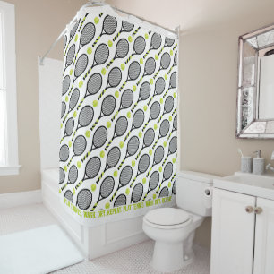 With text🎾Black and green tennis🎾 white Shower Curtain