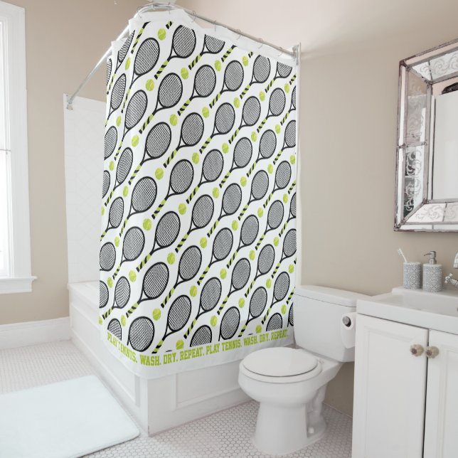 With text🎾Black and green tennis🎾 white  Shower  Shower Curtain (In Situ)