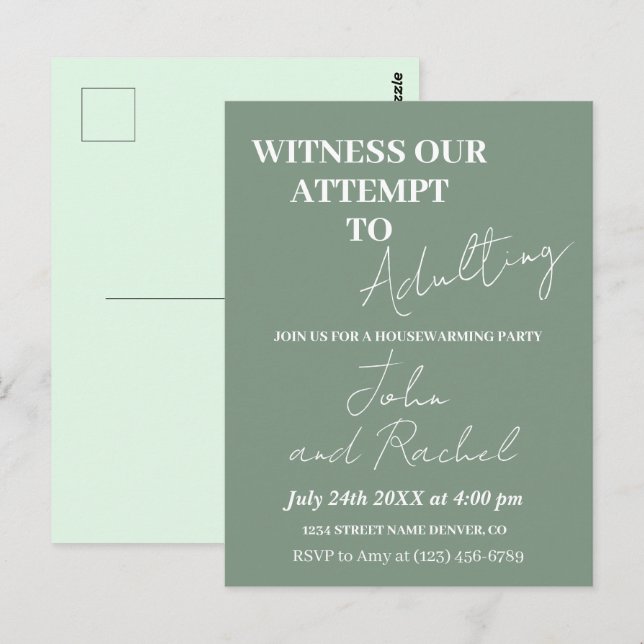Witness our attempt to adulting housewarming party postcard (Front/Back)