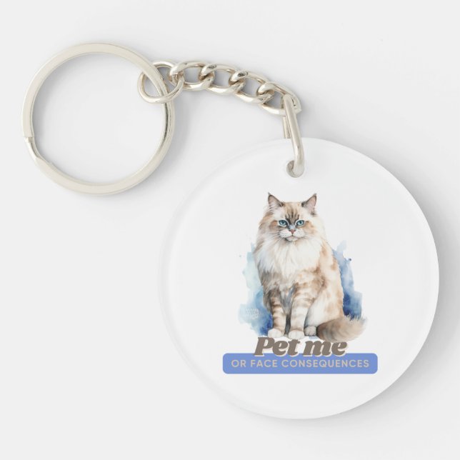 Witty Cat “Pet Me or Face Consequences” Key Ring (Front)
