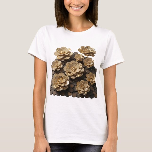 Witty Silver GOLDEN FLOWERS Statement Design T-Shirt (Front)