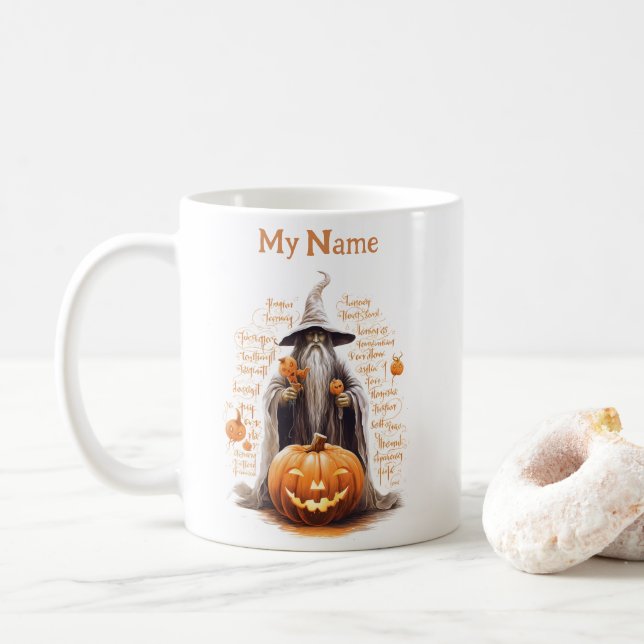 Wizard and his pumpkin: Halloween Personalized Cup (With Donut)