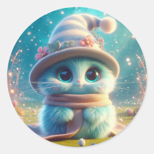 Wizard Blue Cat Classic Round Sticker (Front)