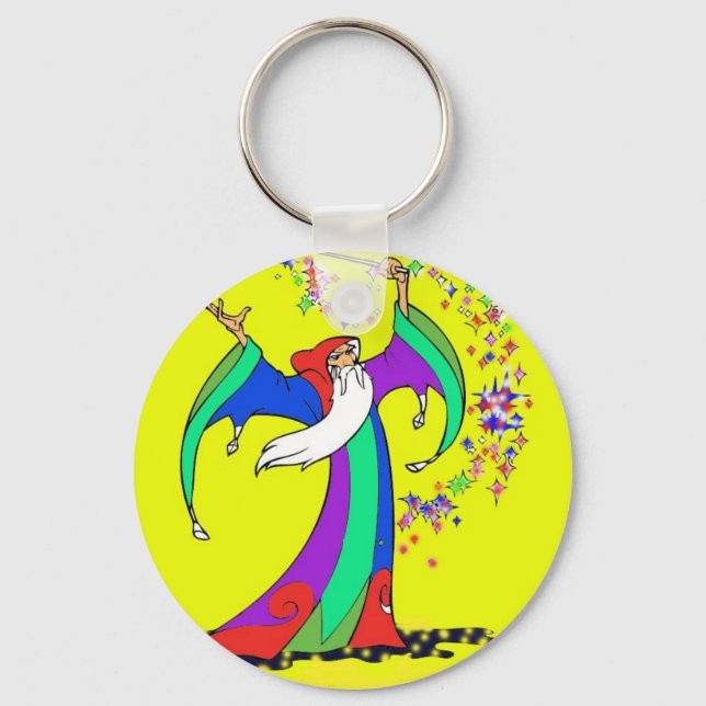 Wizard casting colourful magic spells with wand. key ring (Front)