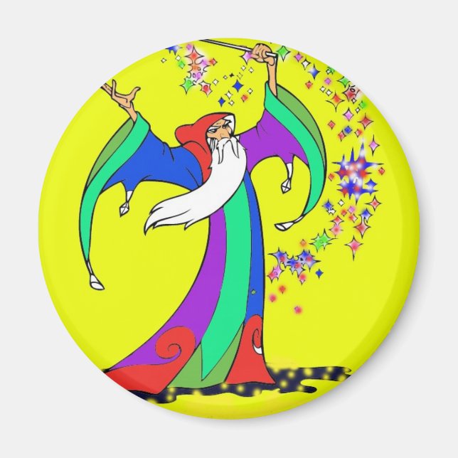 Wizard casting colourful magic spells with wand. magnet (Front)