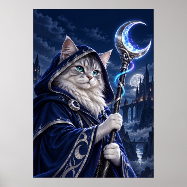 Wizard Cat Moon Magic Fantasy Art Poster (Front)