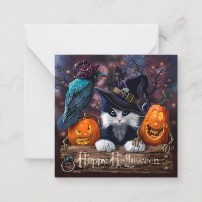 Wizard cat, raven and Halloween pumpkins Card (Front)