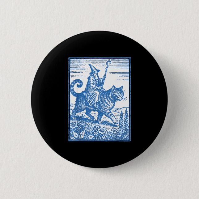 Wizard cat rider funny cute meme  6 cm round badge (Front)