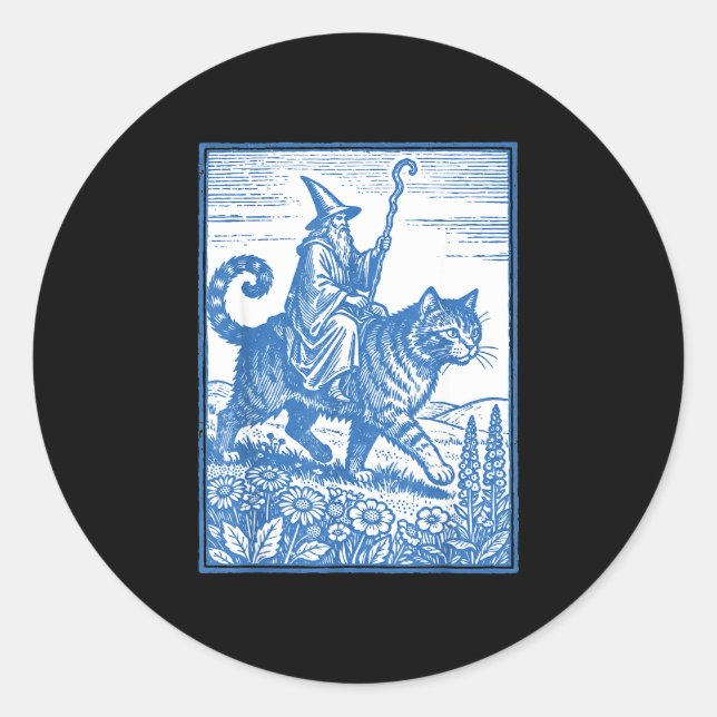 Wizard cat rider funny cute meme  classic round sticker (Front)