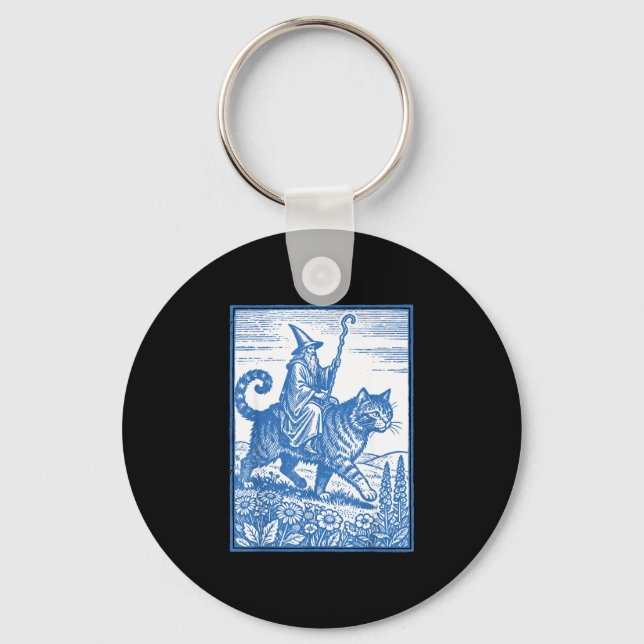 Wizard cat rider funny cute meme  key ring (Front)