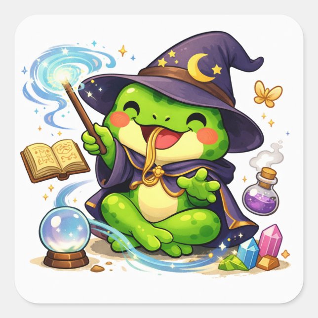 Wizard Frog Fantasy Illustration Square Sticker (Front)