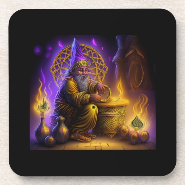 Wizard Is Seated At Table Conjuring A Spell Coaster (Front)