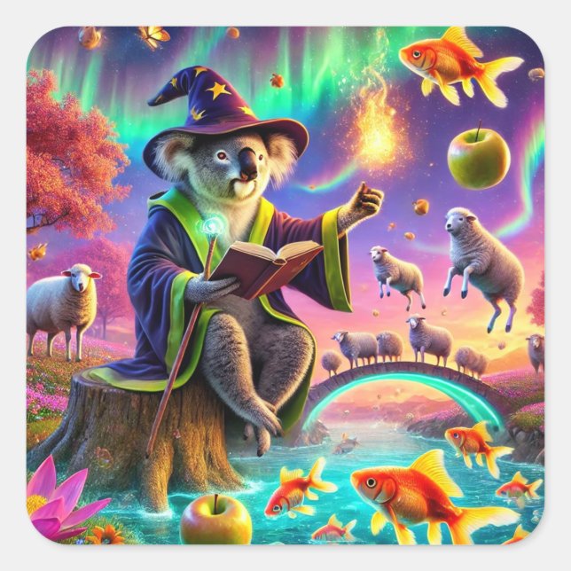 Wizard Koala Casting Magic in Enchanted Forest Square Sticker (Front)