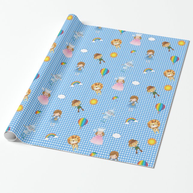 Wizard of Oz Characters on Blue and White Gingham Wrapping Paper (Unrolled)
