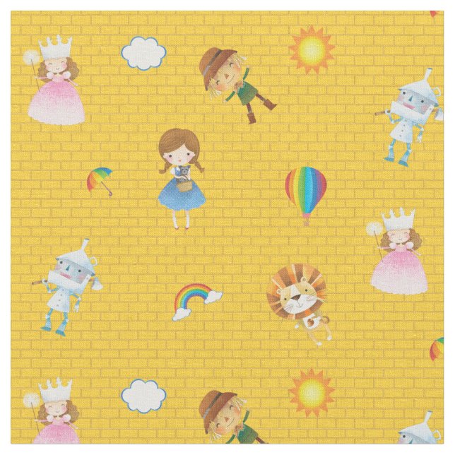 Wizard of Oz Characters on yellow brick road Fabric (Close Up)