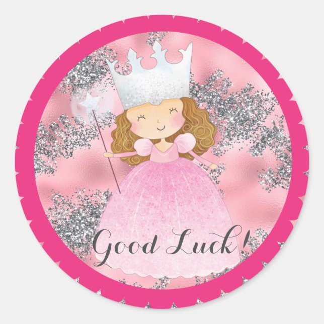 Wizard of Oz Good Witch on Pink Silver Glitter Classic Round Sticker (Front)