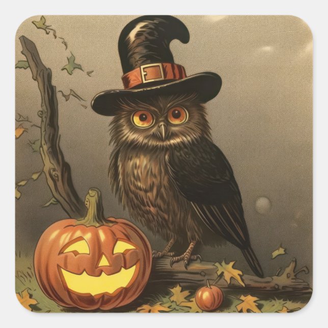 Wizard Owl and Pumpkin Lantern Halloween Sticker (Front)