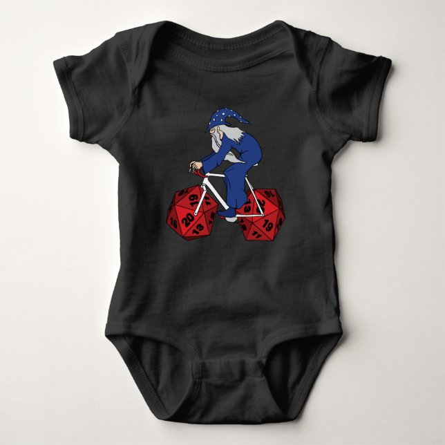 Wizard Riding Bike With 20 Sided Dice Wheels Baby Bodysuit (Front)