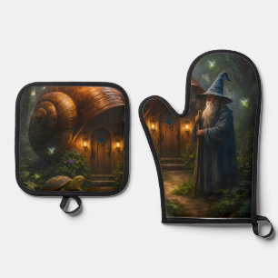 Wizard snail shell cottage fantasy oven, mitt and oven mitt & pot holder set