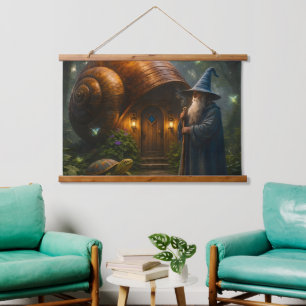 Wizard snail shell cottage wood topped hanging wal tapestry