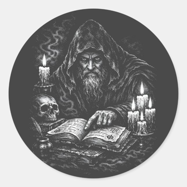 Wizard Studying the Grimoire — by BurnsInHell Classic Round Sticker (Front)