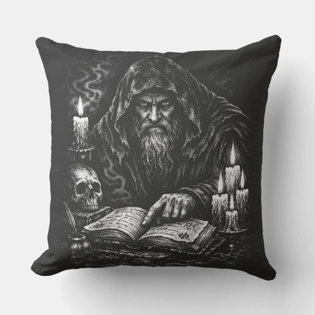 Wizard Studying the Grimoire — by BurnsInHell Cushion (Front)