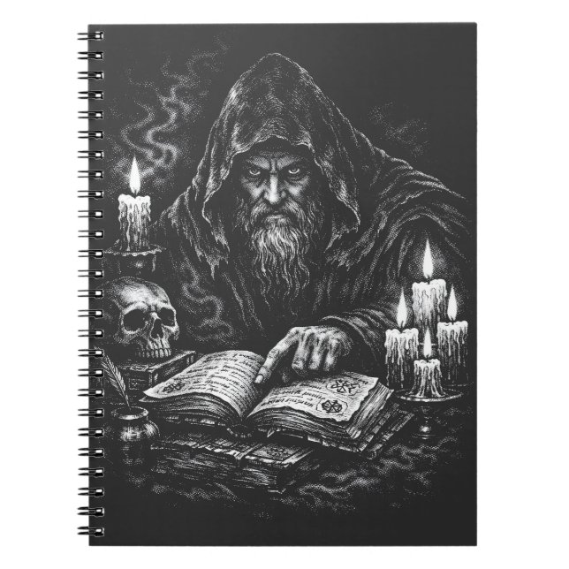 Wizard Studying the Grimoire — by BurnsInHell Notebook (Front)