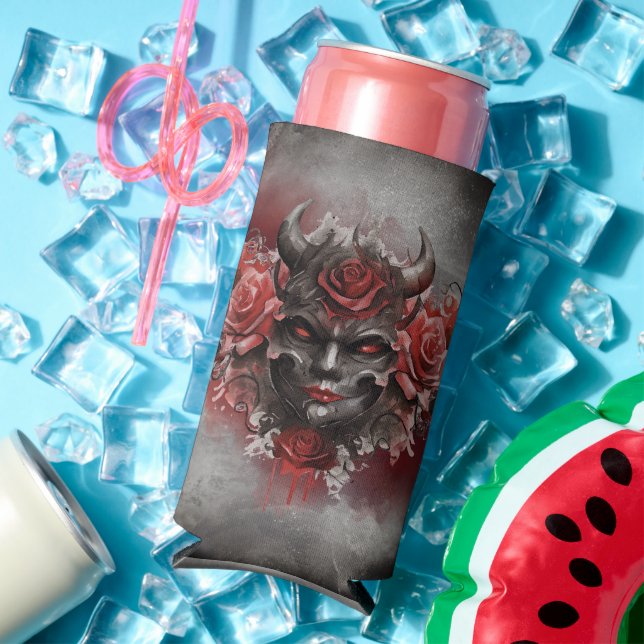Wizardry | Dark Horned Demon with Glowing Red Eyes Seltzer Can Cooler (In Situ Summer)