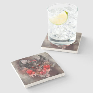Wizardry   Red Eyed Smoky Demon Beast with Roses Stone Coaster